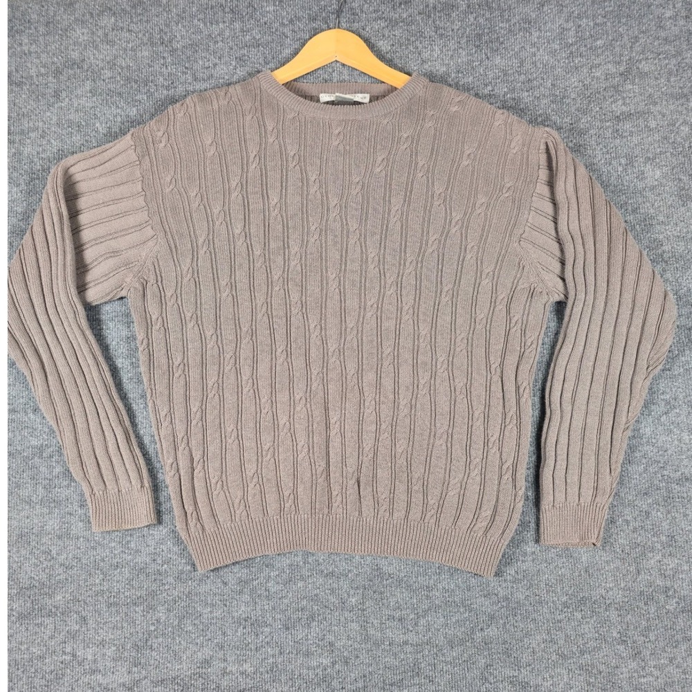 Geoffrey Beene Mens Cable Knit Sweater Crew Neck Long Sleeve Taupe Size L
